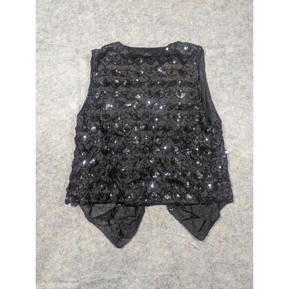Vintage 80s Cotton Zone Black Silk Beaded All Over Sequins Vest Small Party - Picture 2 of 7